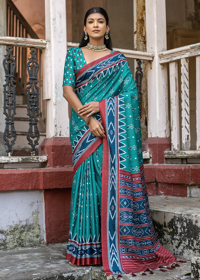 Teal Cotton Saree With Blouse Piece - Indian Silk House Agencies