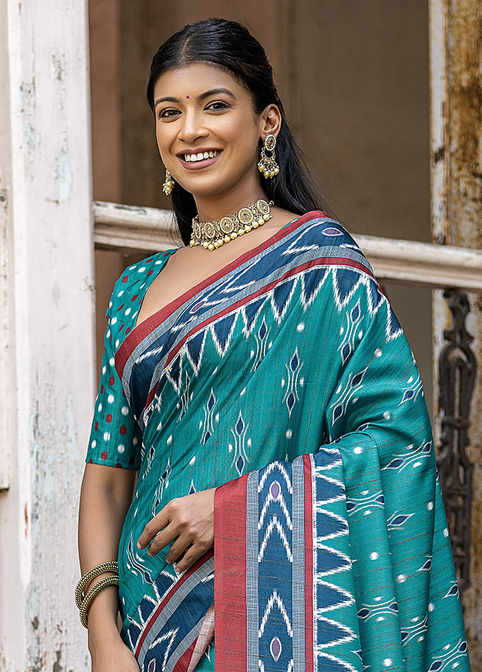 Teal Cotton Saree With Blouse Piece - Indian Silk House Agencies