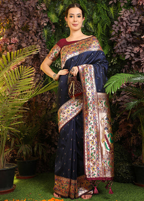 Navy Blue Spun Silk Saree With Blouse Piece - Indian Silk House Agencies