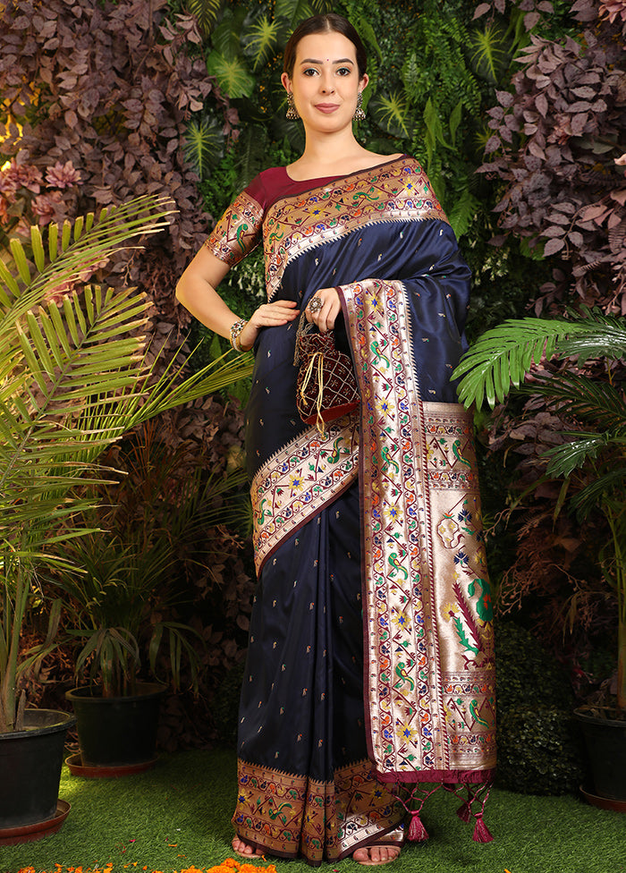 Navy Blue Spun Silk Saree With Blouse Piece - Indian Silk House Agencies