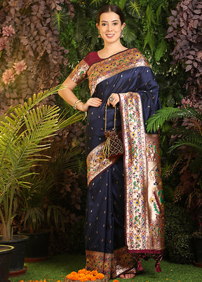 Navy Blue Spun Silk Saree With Blouse Piece - Indian Silk House Agencies