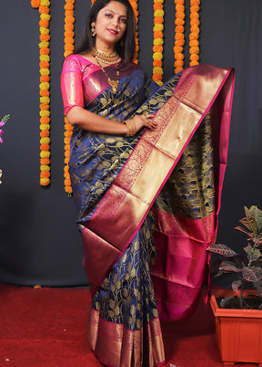 Navy Blue Spun Silk Saree With Blouse Piece - Indian Silk House Agencies