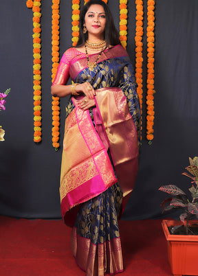 Navy Blue Spun Silk Saree With Blouse Piece - Indian Silk House Agencies