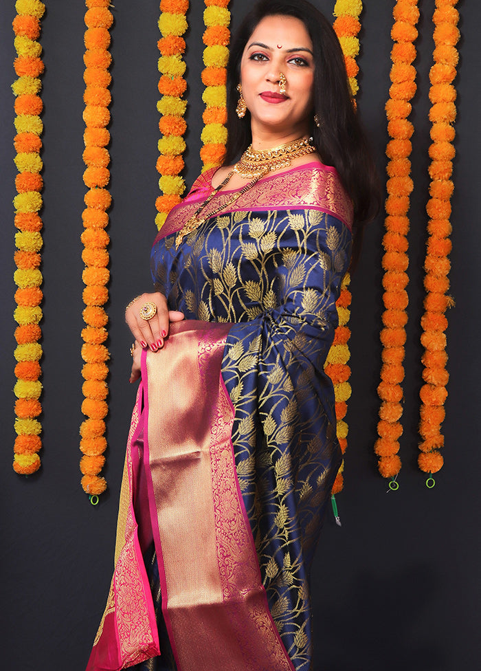 Navy Blue Spun Silk Saree With Blouse Piece - Indian Silk House Agencies