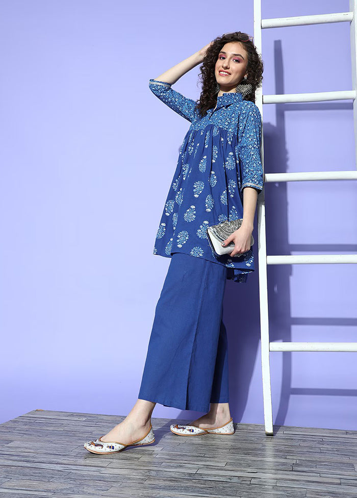 2 Pc Indigo Blue Pure Cotton Tunic Set - Indian Silk House Agencies
