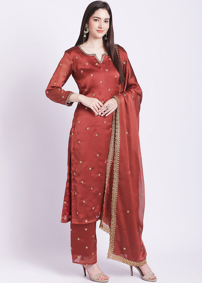 3 Pc Rust Readymade Georgette Suit Set - Indian Silk House Agencies