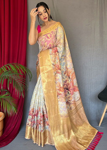 White Zari Woven Spun Silk Saree With Blouse - Indian Silk House Agencies