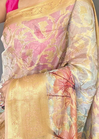White Zari Woven Spun Silk Saree With Blouse - Indian Silk House Agencies