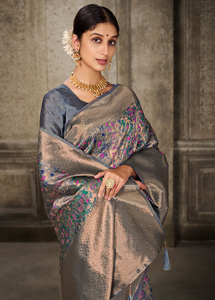 Grey Spun Silk Saree With Blouse Piece - Indian Silk House Agencies
