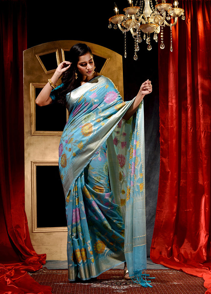 Light Blue Cotton Saree With Blouse Piece - Indian Silk House Agencies