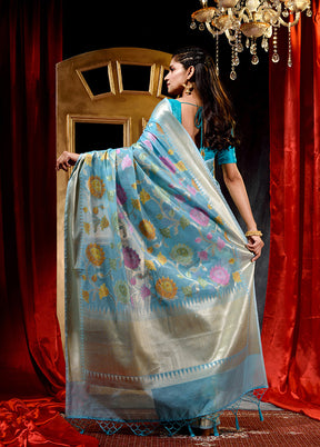 Light Blue Cotton Saree With Blouse Piece - Indian Silk House Agencies