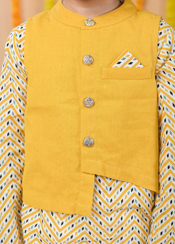 3 Pc Mustard Cotton Kurta Pajama And Jacket Set - Indian Silk House Agencies