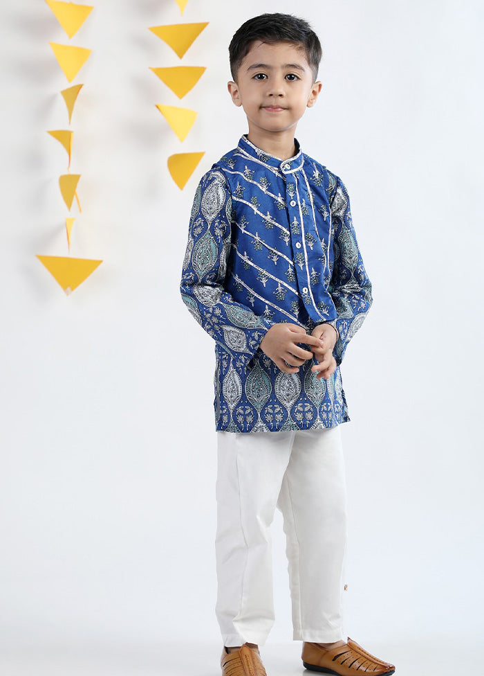 3 Pc Blue Cotton Kurta Pajama And Jacket Set - Indian Silk House Agencies