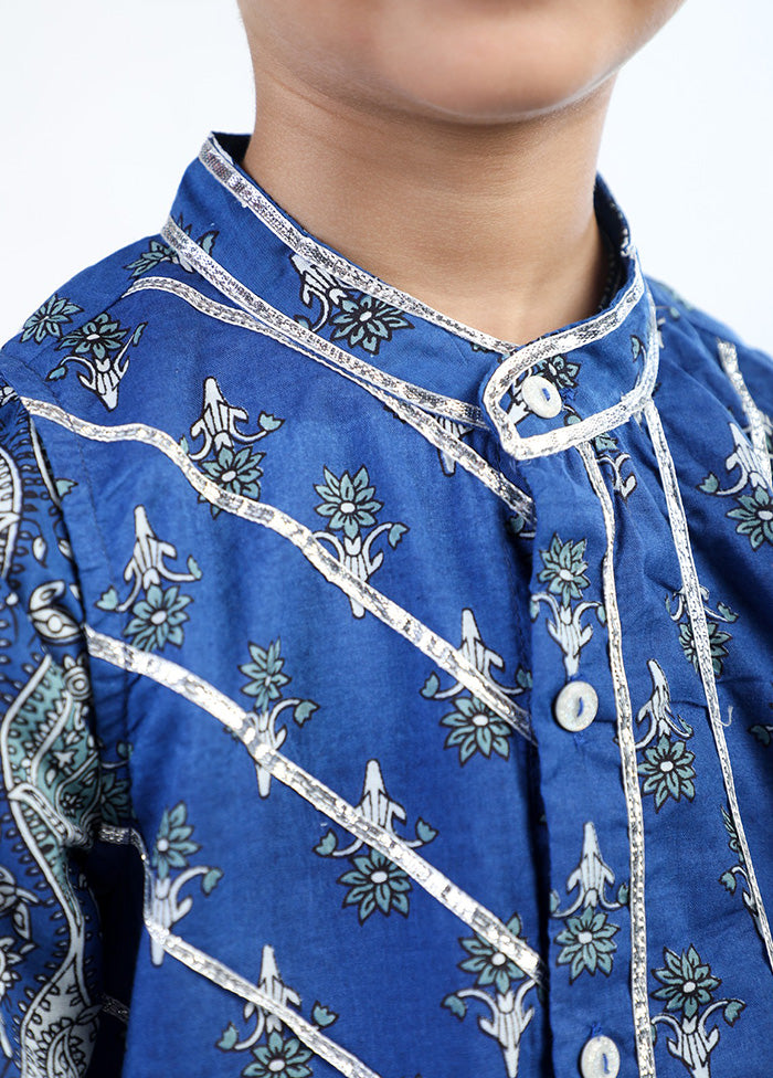 3 Pc Blue Cotton Kurta Pajama And Jacket Set - Indian Silk House Agencies