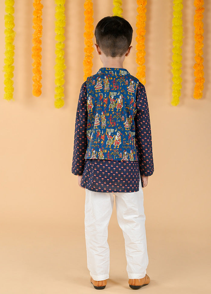 3 Pc Golden Cotton Kurta Pajama And Jacket Set - Indian Silk House Agencies