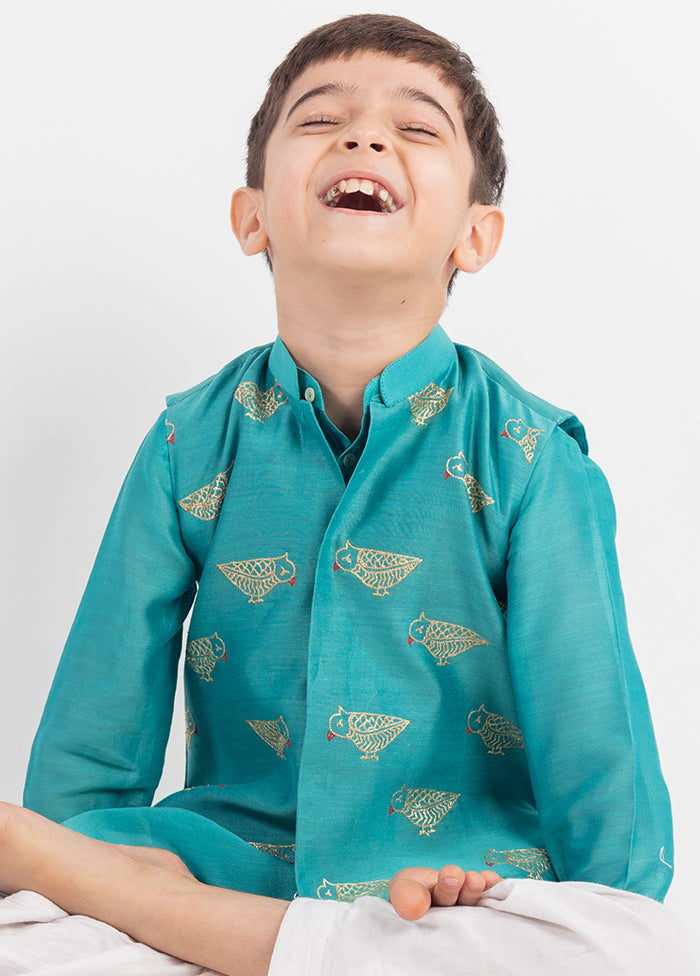 Blue Silk Kurta Pajama With Jacket For Boys - Indian Silk House Agencies