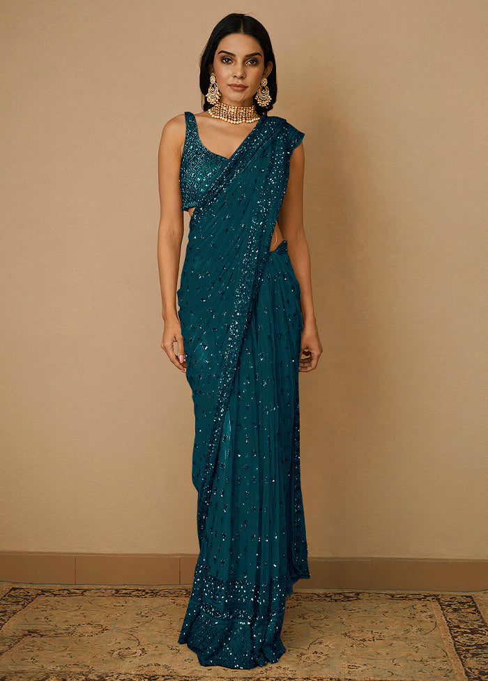 Teal Organza Saree With Blouse Piece - Indian Silk House Agencies