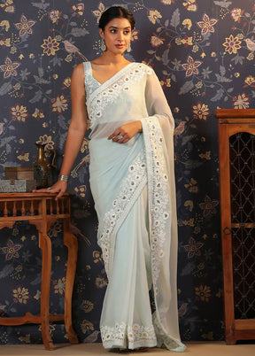 Sky Blue Georgette Saree With Blouse Piece - Indian Silk House Agencies