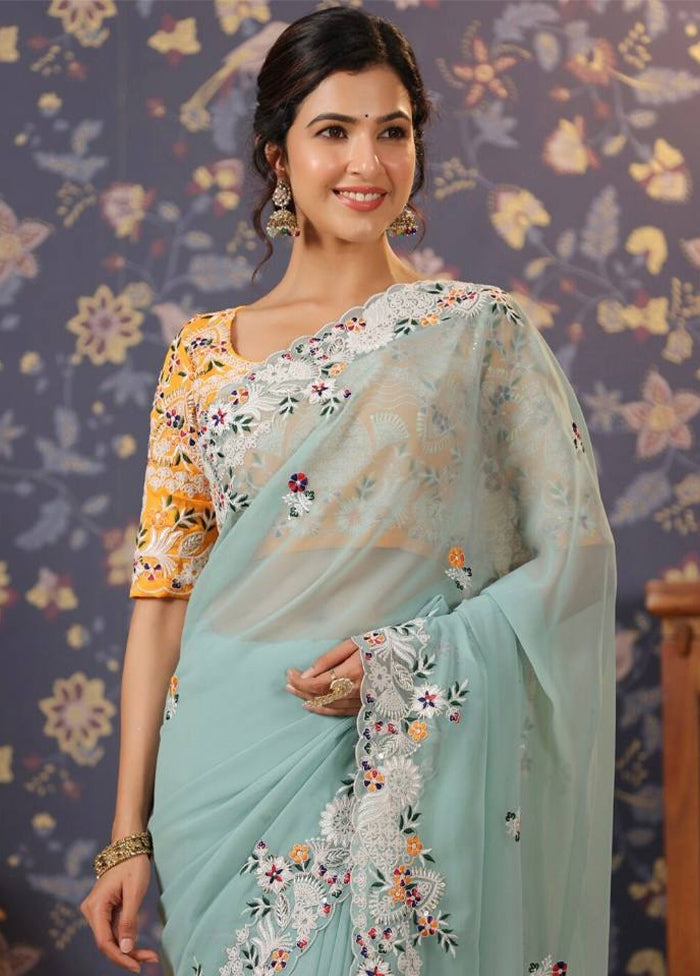 Sky Blue Georgette Saree With Blouse Piece - Indian Silk House Agencies