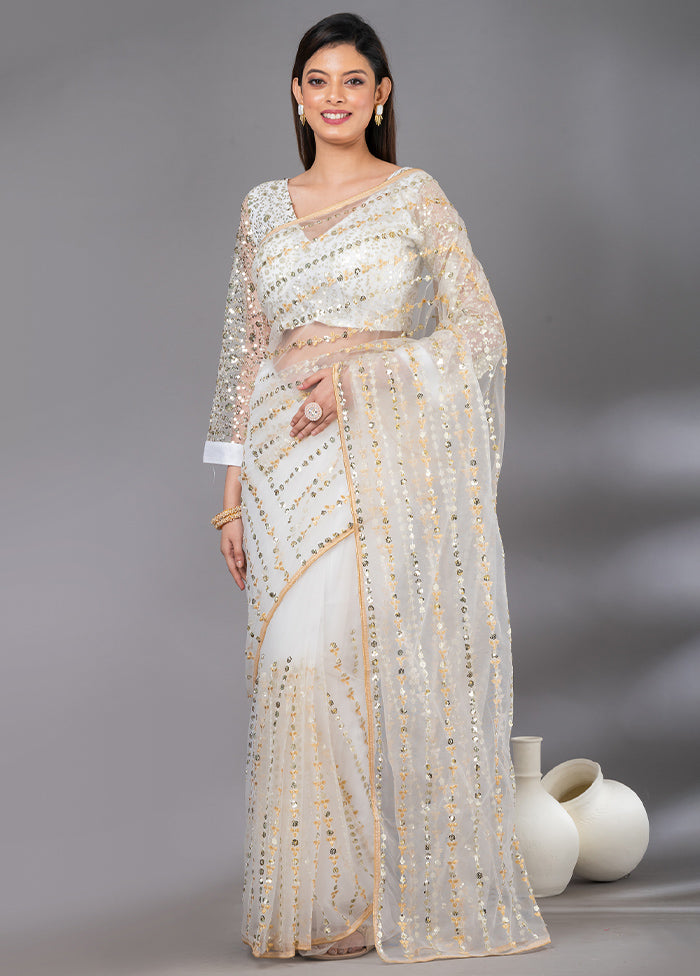 White Organza Saree With Blouse Piece - Indian Silk House Agencies