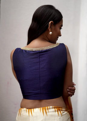 Navy Blue Dupion Silk Designer Blouse - Indian Silk House Agencies
