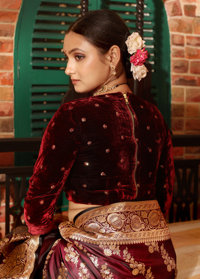Maroon Velvet Designer Blouse - Indian Silk House Agencies