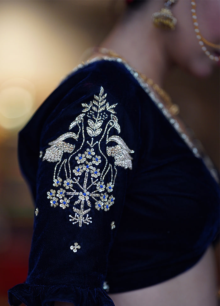 Navy Blue Velvet Designer Blouse - Indian Silk House Agencies
