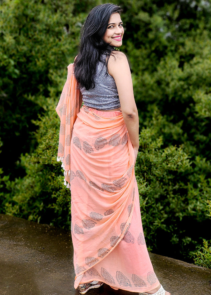 Peach Cotton Saree With Blouse Piece - Indian Silk House Agencies