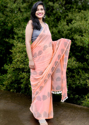 Peach Cotton Saree With Blouse Piece - Indian Silk House Agencies