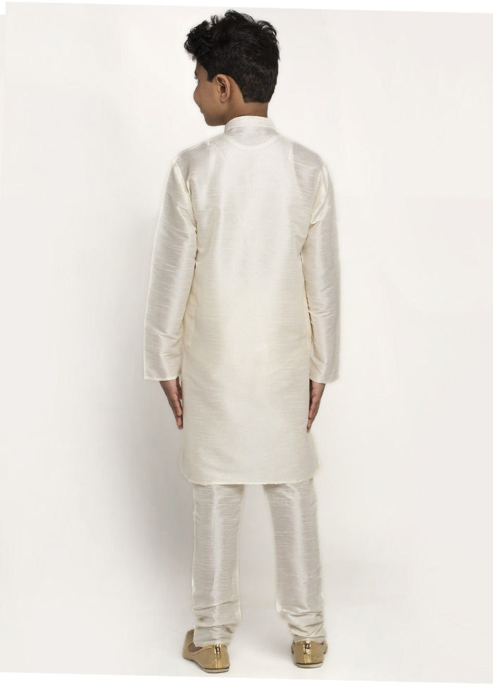 2 Pc White Art Dupion Mandarin Collar Kurta Pajama Set - Indian Silk House Agencies