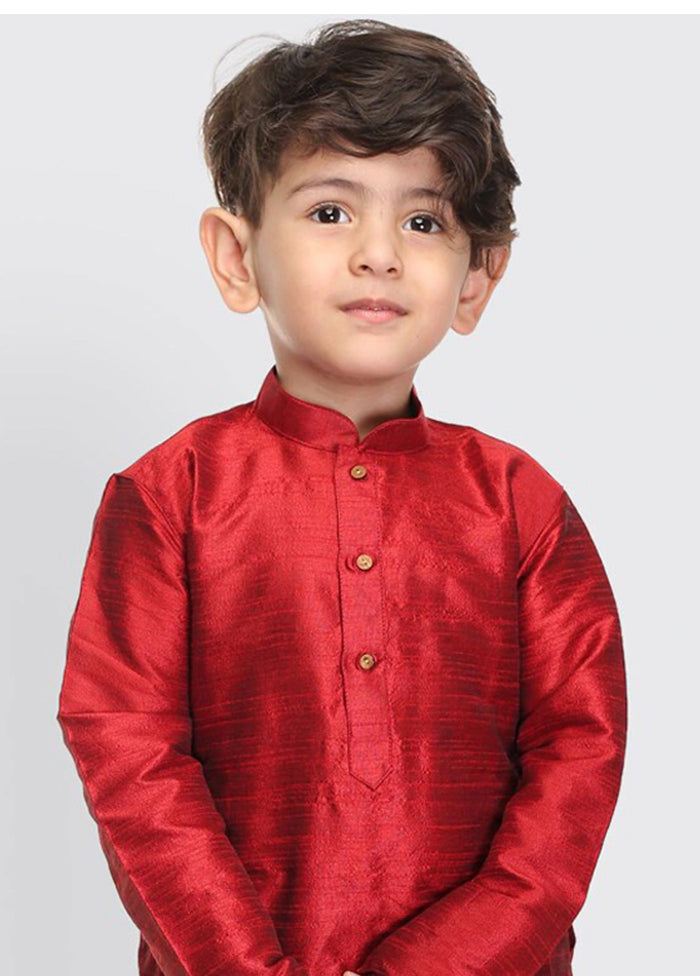 2 Pc Red Art Dupion Mandarin Collar Kurta Pajama Set - Indian Silk House Agencies