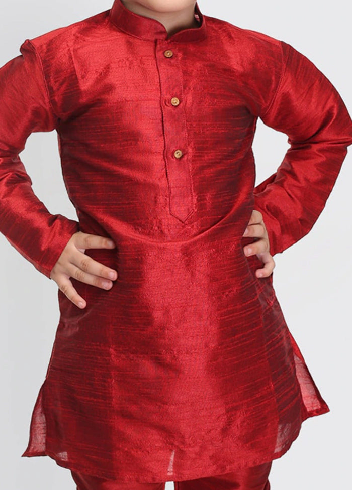 2 Pc Red Art Dupion Mandarin Collar Kurta Pajama Set - Indian Silk House Agencies