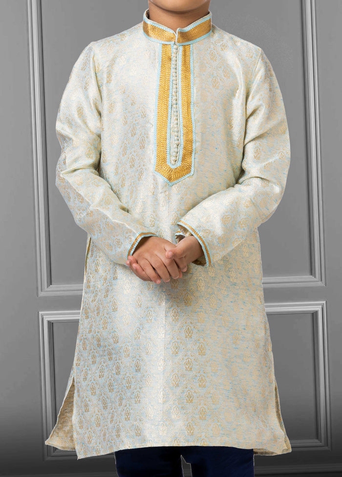 2 Pc Sky Blue Linen Silk Mandarin Collar Kurta Pajama Set - Indian Silk House Agencies
