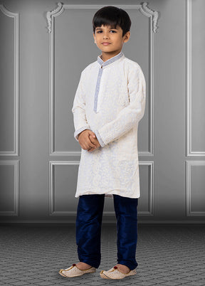 2 Pc White Georgette Mandarin Collar Kurta Pajama Set - Indian Silk House Agencies