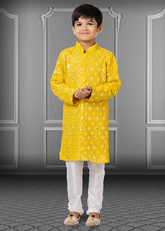 2 Pc Yellow Georgette Mandarin Collar Kurta Pajama Set - Indian Silk House Agencies