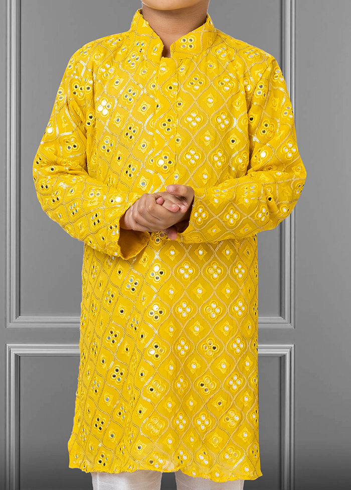 2 Pc Yellow Georgette Mandarin Collar Kurta Pajama Set