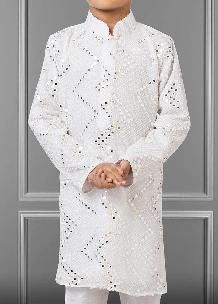 2 Pc White Georgette Mandarin Collar Kurta Pajama Set - Indian Silk House Agencies