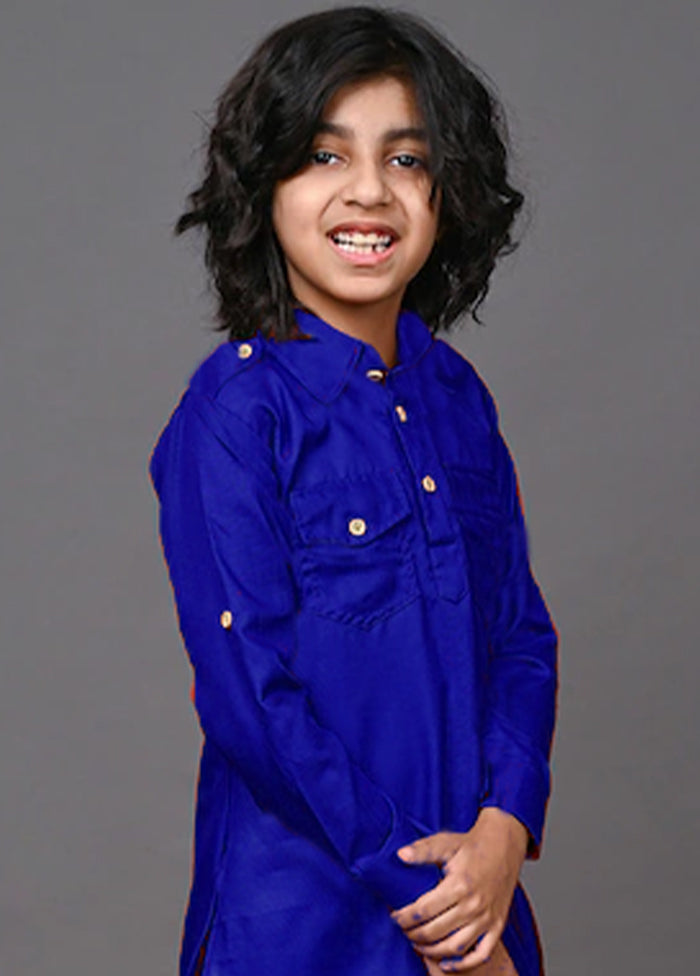 2 Pc Royal Blue Dhupion Silk Mandarin Collar Kurta Pant Set - Indian Silk House Agencies