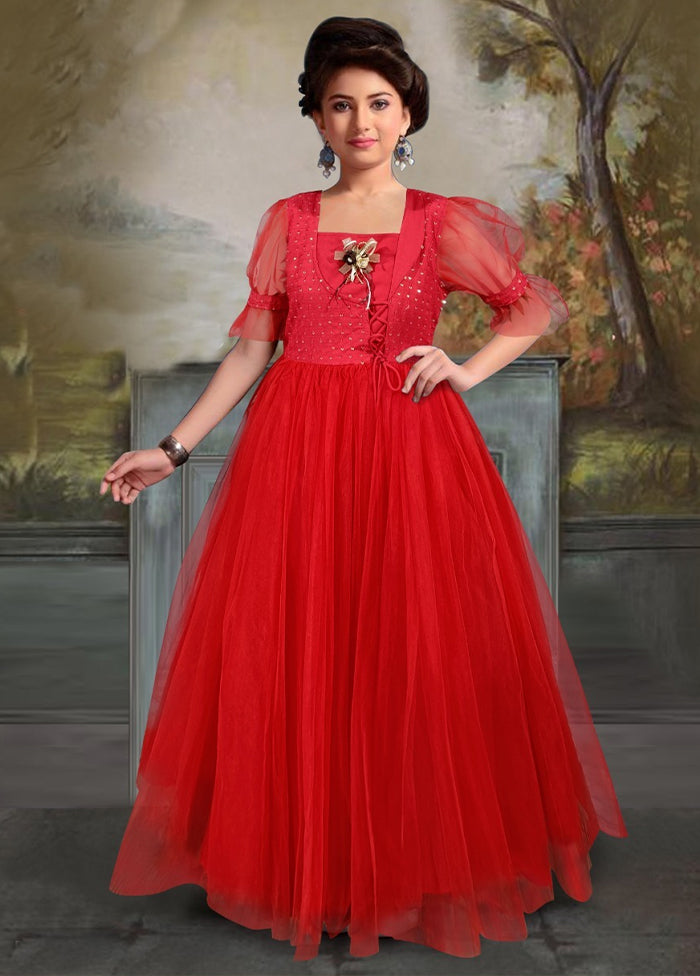 Red Rayon And Soft Net Indian Dress - Indian Silk House Agencies