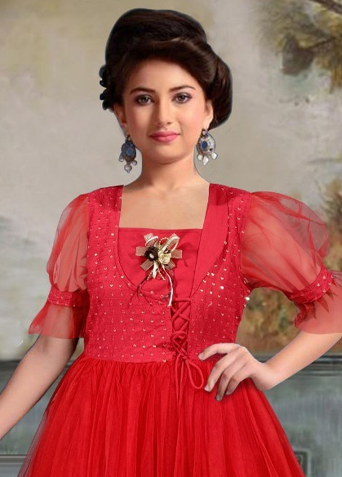 Red Rayon And Soft Net Indian Dress - Indian Silk House Agencies