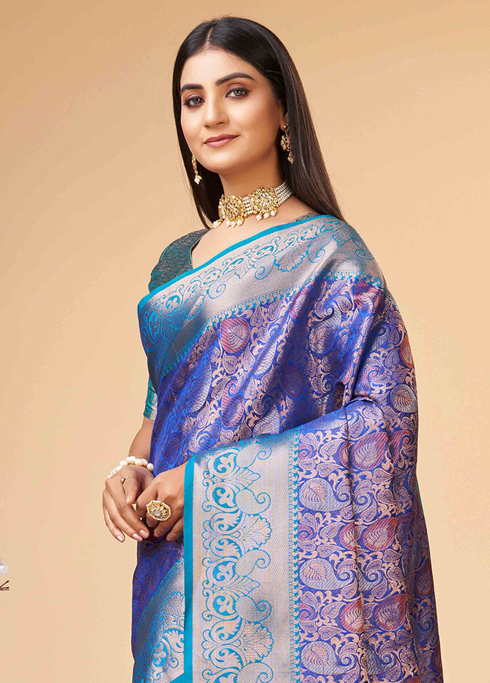 Blue Dupion Silk Saree With Blouse Piece - Indian Silk House Agencies