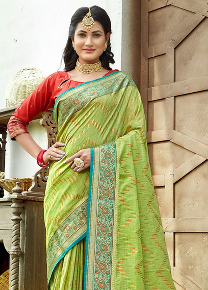 Green Spun Silk Saree With Blouse Piece - Indian Silk House Agencies