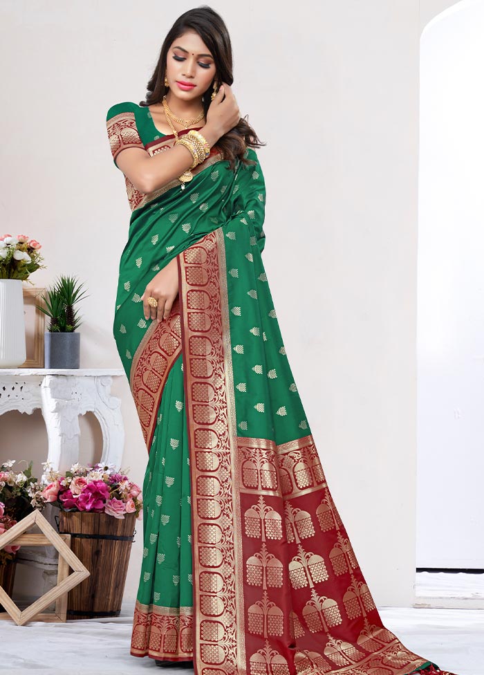 Dark Green Spun Silk Saree With Blouse Piece - Indian Silk House Agencies