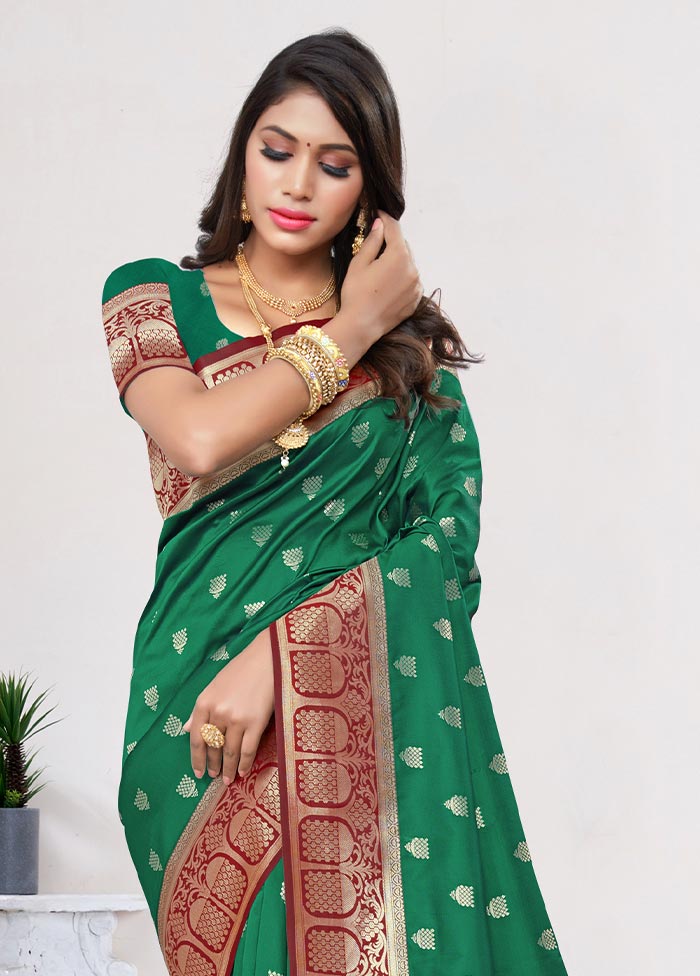 Dark Green Spun Silk Saree With Blouse Piece - Indian Silk House Agencies