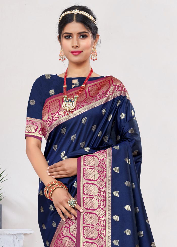 Navy Blue Spun Silk Saree With Blouse Piece - Indian Silk House Agencies