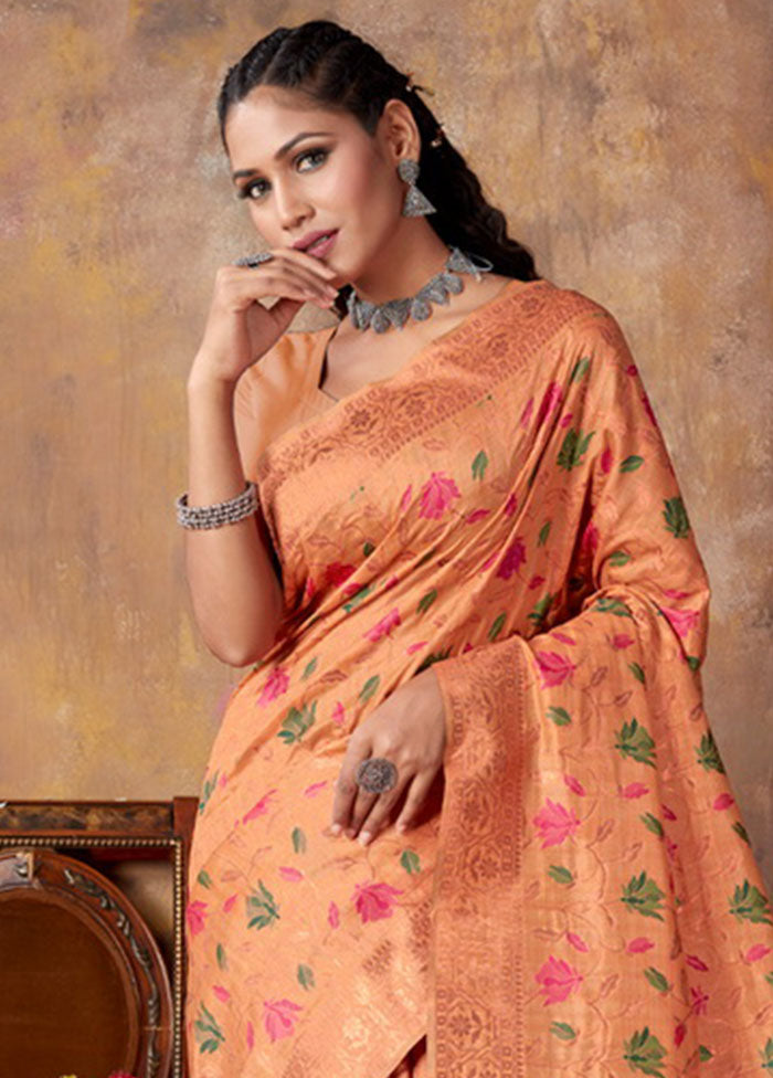 Peach Spun Silk Saree With Blouse Piece - Indian Silk House Agencies