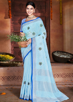 Sky Blue Silk Saree With Blouse Piece - Indian Silk House Agencies