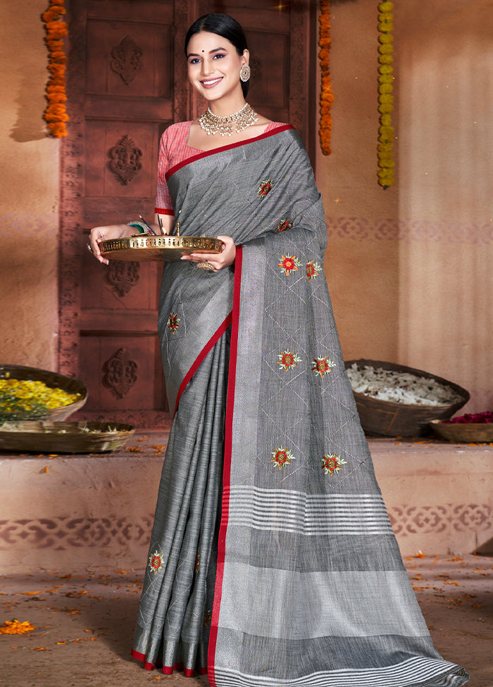 Grey Silk Saree With Blouse Piece - Indian Silk House Agencies