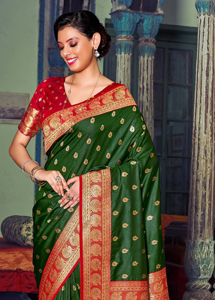 Dark Green Spun Silk Saree With Blouse Piece - Indian Silk House Agencies