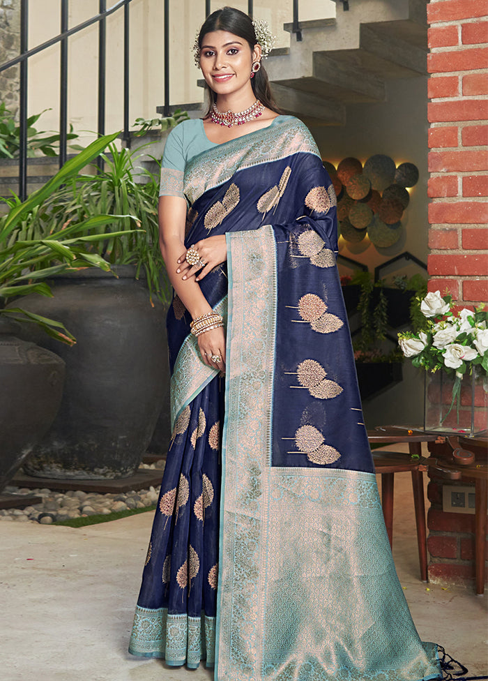 Navy Blue Cotton Saree With Blouse Piece - Indian Silk House Agencies